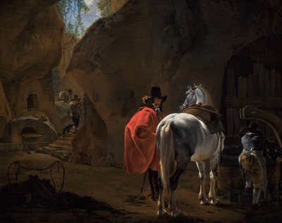 Um cavalheiro com um cavalo cinzento numa paisagem cavernosa de Jan Asselijn