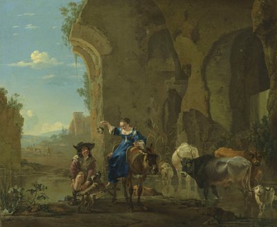 Paisagem italianizada com viajantes junto a um riacho com gado de Jan Asselijn