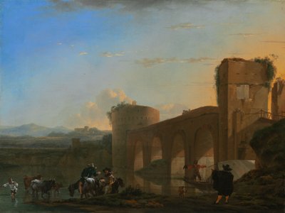 O rio Tibre com a Ponte Molle ao pôr do sol, c.1650 (óleo sobre tela) de Jan Asselijn