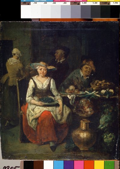 Num vendedor de hortaliças. Pintura de Jan Baptist Lambrechts (1680-1731). Arte flamenga. Óleo sobre madeira. Museu Estatal de Arte M. Ciurlionis, Kaunas de Jan Baptist Lambrechts