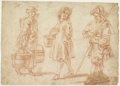Três esboços de uma mulher com jugo, de um homem com balde e de um peregrino de Jan Baptist Lambrechts