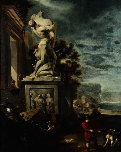 Porto marítimo com figuras de uma estátua clássica de Jan Baptist Weenix