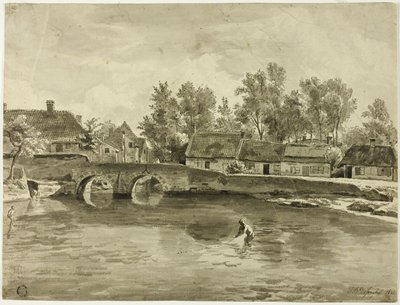 Homem pescando no rio perto da vila de Jan Baptiste de Jonghe