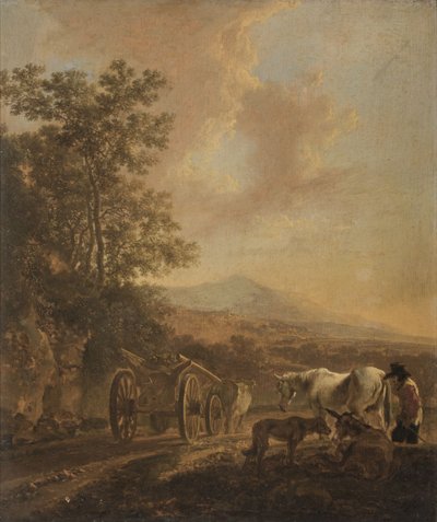 Pastor com um carro de bois numa paisagem italianizada de Jan Both
