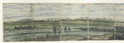 Panorama de Hottentots Holanda Kaapsche Bergen do Cabo ao Norte, estendendo-se desde o Baay Fals até o Tygerberg. 1787 (título no objeto) de Jan Brandes