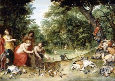 Uma alegoria dos elementos, terra, ar e água: ninfas banhando-se em uma clareira arborizada com troféus da caça nas proximidades, c.1621 de Jan Brueghel the Elder