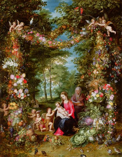 A Virgem e o Menino com o bebê São João Batista, Santa Ana e anjos, cercados por uma guirlanda de flores e frutas de Jan Brueghel the Elder