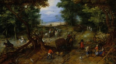 Uma estrada da floresta com viajantes, 1607. de Jan Brueghel the Elder