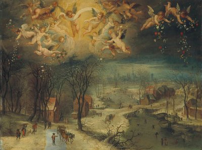 Uma paisagem de Inverno com os aldeões a recolher madeira e patinadores num rio congelado, Primeiro terço de 17 de Jan Brueghel the Elder