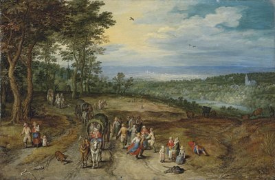 Uma extensa paisagem arborizada com viajantes num caminho e camponeses a dançar em primeiro plano / Landscape with Travellers and Peasants on a Track de Jan Brueghel the Elder