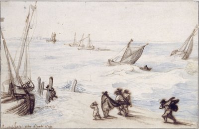 Praia com veleiros e mar tempestuoso de Jan Brueghel the Elder