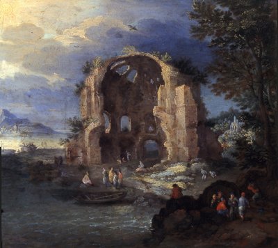 Paisagem costeira com pescadores e ruínas do Templo de Minerva Medica de Jan Brueghel the Elder