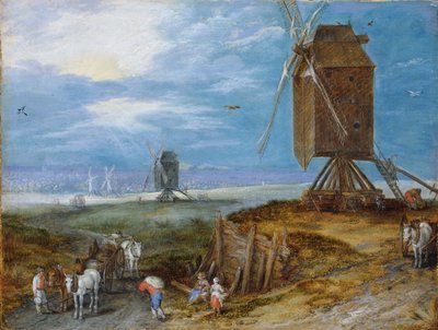 Neerlandês: Extensa paisagem com moinhos, camponeses e carruagens em primeiro plano Extensa paisagem com moinhos, camponeses e carruagens em primeiro plano de Jan Brueghel the Elder