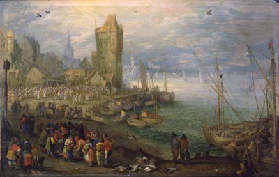 Holandês: Mercado de peixe perto de um porto Mercado de peixe perto de um porto de Jan Brueghel the Elder