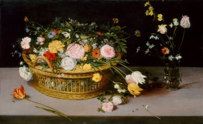Flores em uma cesta e um vaso de Jan Brueghel the Elder