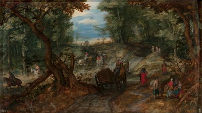 Floresta com carroças a atravessar um riacho e cavaleiros de Jan Brueghel the Elder