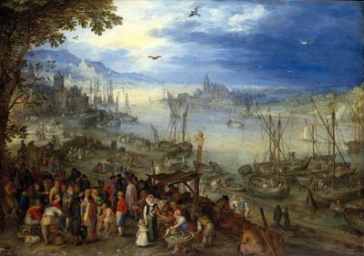 Alemão: Fischmarkt am Ufer eines Flusses Mercado de peixe nas margens de um rio de Jan Brueghel the Elder