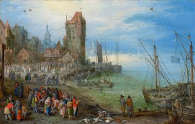 Cena do porto com mercado de peixe de Jan Brueghel the Elder