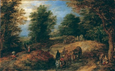 Paisagem com viajantes em um caminho da floresta, ca. 1607 de Jan Brueghel the Elder