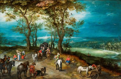 Uma paisagem extensa com uma carroça puxada por cavalos e viajantes numa estrada de Jan Brueghel the Younger