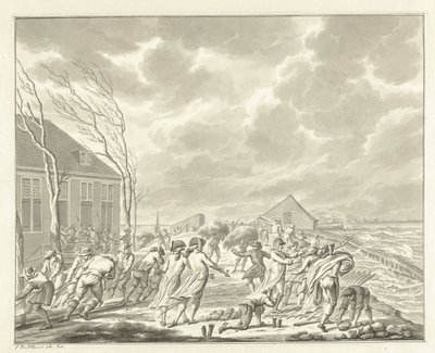 A inundação do Diemerzeedijk perto de Amsterdã, 1776 de Jan Bulthuis (signed by artist)