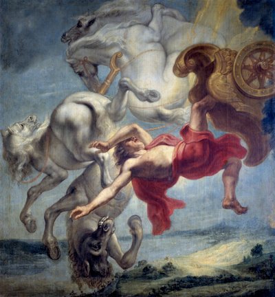 A queda de Phaeton: incapaz de dominar a carruagem de Helios, Phaeton (Phaethon) é derrubado por Zeus, e cai no rio Eridan (A queda de Phaeton) - Pintura de Jan Carel van Eyck (1649-cerca de 1690), Óleo sobre tela, final do século XVII, Dim: 197x18 de Jan Carel van Eyck