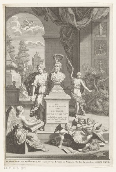 Busto de Hugo de Groot elogiado por Victoria A vida e os negócios do Sr. Huig de Groot (título no objeto) Página de rosto para: Caspar Brandt e Adriaan van Cattenburg, História da vida do Sr. Huig de Groot, 1727 de Jan Caspar Philips