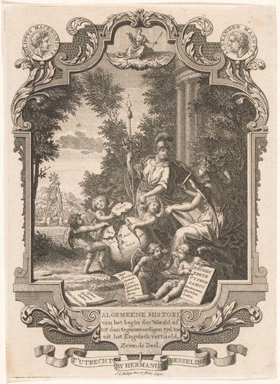 Cartouche com alegoria sobre a história da Grécia
Página de título para: Kornelis Westerbaen, historiador de Algemeene, 1742 de Jan Caspar Philips