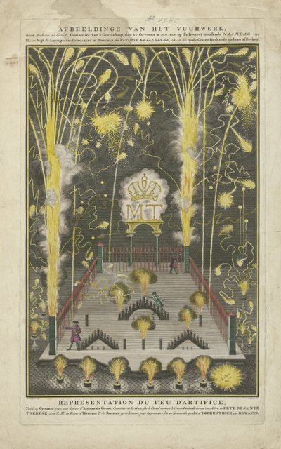 Exposição de fogo de artifício a 15 de Outubro de 1745, dia do nome de Maria Theresa, encomendada por Anthoni de Groot
Ilustração do fogo de artifício, por Anthoni de Groot, Courantier van 
