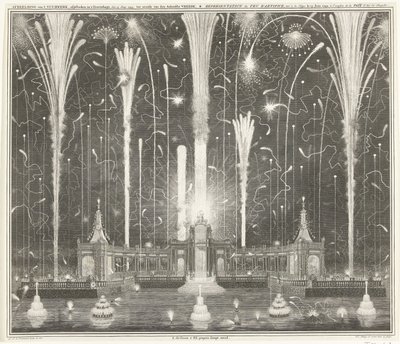Fogos de artifício em Haia para a paz de Aachen, 1749 Representação dos fogos de artifício, disparados em Haia, 13 de junho de 1749, usados ​​por den Aakensche Vreede / Representation du feu d