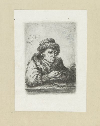Volwassen man aan een tafel, em bontmantel The Compleat Work of Etchings por John Chalon / Oeuvre Complette des Eaux Fortes par Jean Chalon (título da série) de Jan Chalon
