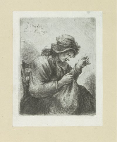 Vrouw coloca naald em draad The Compleat Work of Etchings por John Chalon / Oeuvre Complette des Eaux Fortes par Jean Chalon (título da série) de Jan Chalon