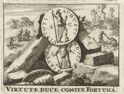 Moedas romanas repousando sobre uma pilha de pedras
Virtute Duce, Comite Fortuna (título sobre o objecto) de Jan Claesz ten Hoorn