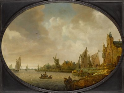 Paisagem fluvial com um moinho de vento, um edifício portuário e barcos à vela de Jan Coelenbier