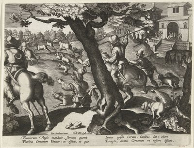 Hertenjacht conheceu honden Jachttaferelen (título da série) A caça de animais selvagens, aves e peixes no Bestiário (título da série) de Jan Collaert (II) (attributed to)