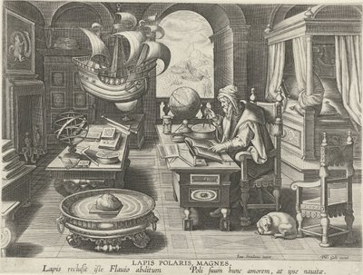 Invenção da bússola Lapis Polaris, Magnes (título no objeto) Novas invenções e descobertas (título da série) Nova Reperta (título da série) de Jan Collaert (II) (attributed to)