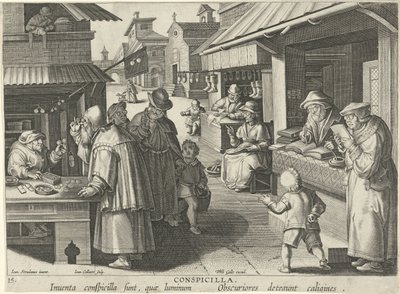 loja de óculos Conspicillia (título no objeto) Novas invenções e descobertas (título da série) Nova Reperta (título da série) de Jan Collaert (II)