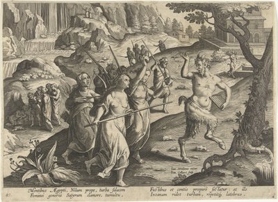 Vrouwen verjagen een sater Jachttaferelen (título da série) A caça de animais selvagens, aves e peixes no Bestiário (título da série) de Jan Collaert (II)
