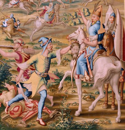 tapeçaria flamenga. Série A Conquista de Tunes. O Ataque a La Goleta (Ataque a la Goleta). Quarta tapeçaria da série. Modelo Jan Vermeyen e Pieter Coecke van Aelst. 1543-1548. Manufatura Real Fábrica de Tapices de Santa Bárbara, Madrid de Jan Cornelisz Vermeyen