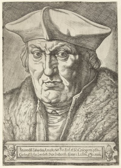 Retrato de Erard de la Marck, príncipe-bispo de Liège
Reurendill Euhardus Amarka ... Bulliacen Comes Lossen (título sobre o objecto) de Jan Cornelisz Vermeyen