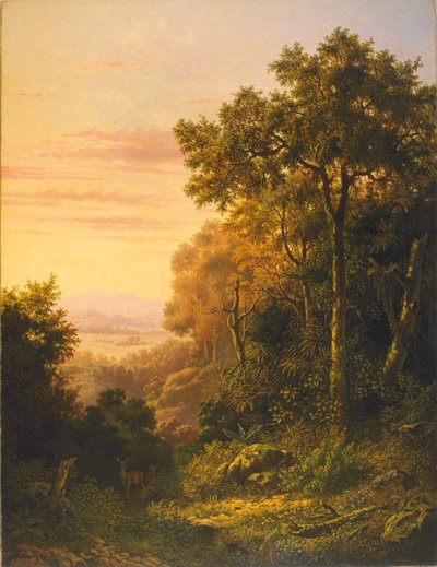 Holandês: Paisagem com veados ao amanhecer / Paisagem de montanha javanesa com veados Paisagem com veados ao amanhecer de Jan Daniel Beynon