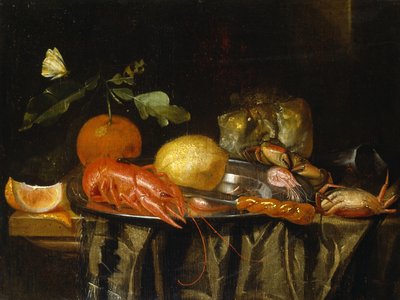 Um Lagostim, Camarão e um Limão sobre uma Prato de Estanho sobre uma Mesa Dobrada (óleo sobre tela) de Jan Davidsz de (after) Heem