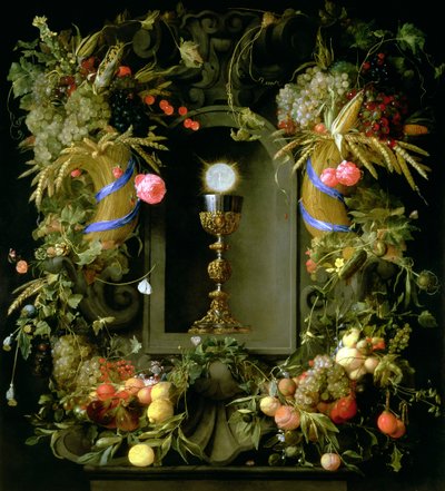 Taça de comunhão e anfitrião, cercada por uma guirlanda de frutas de Jan Davidsz de Heem