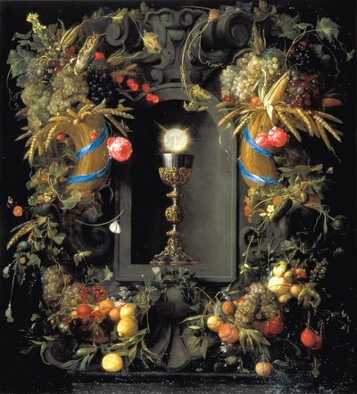 Cálice da comunhão rodeado por uma grinalda de frutos de Jan Davidsz. de Heem