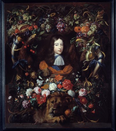 Retrato de William III de Orange (1650-1702) em um medalhão de flores Pintura de Jan David Heem (1606-1684) 1665 Sol. 1,34x1,14 m Lyon, Musee des Beaux Arts de Jan Davidsz de Heem