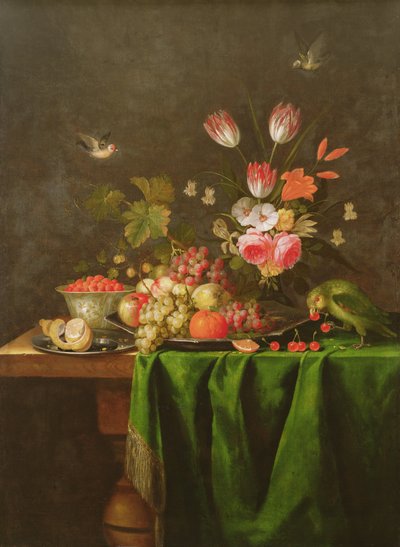 Ainda vida de frutas e flores com um papagaio em uma tabela coberta com um pano verde (ver 100412 para detalhes) de Jan Davidsz de Heem