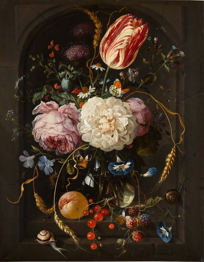Natureza morta de flores num vaso de vidro com insectos e frutos num nicho de pedra de Jan Davidsz. de Heem