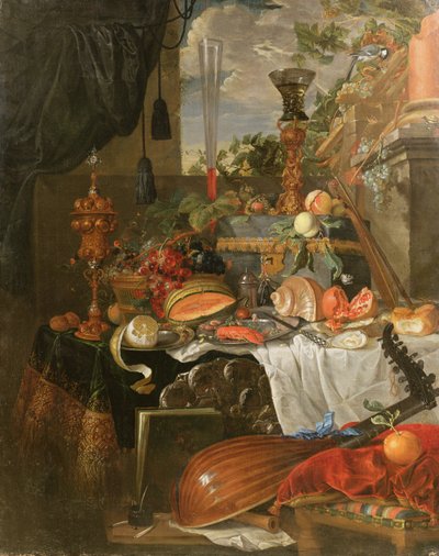 Ainda vida de comida e instrumentos musicais de Jan Davidsz de Heem