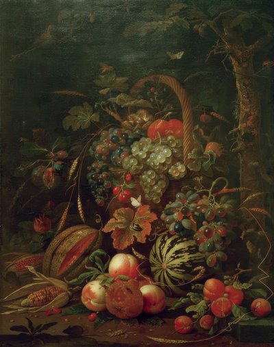 Natureza Morta com Cesto de Frutas, Abóbora, Melão e Pêssego num Carvalho de Jan Davidsz de Heem