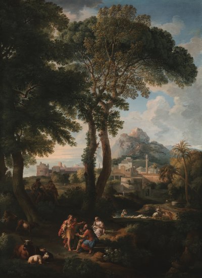 Uma paisagem de rio clássica com figuras se cumprimentando em uma estrada em primeiro plano, uma vista de uma cidade à distância (óleo sobre tela) de Jan Frans van Bloemen